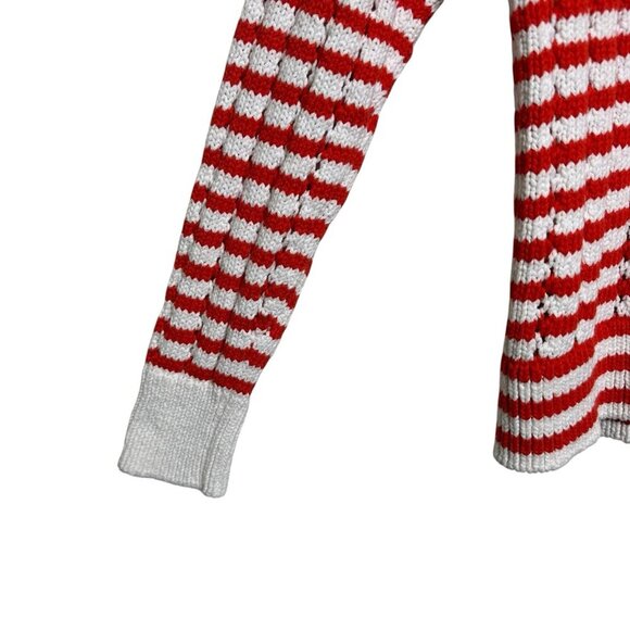 Loft Medium Stripe Open Weave Stitch Boatneck Sweater Red White Xmas Holiday Y2K - Picture 5 of 10